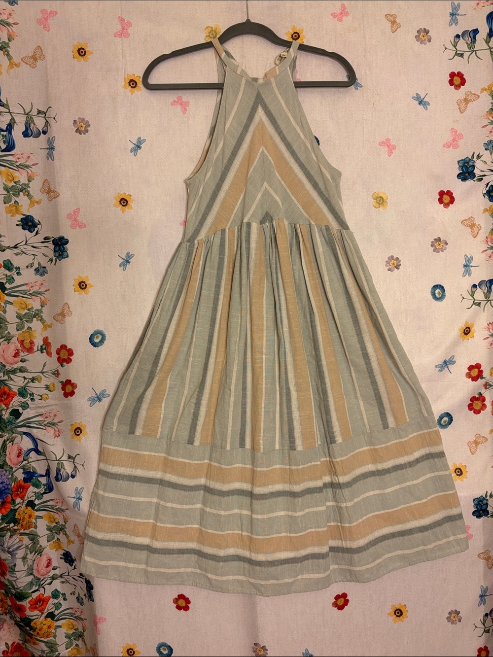 Listicle - Cotton Halter Stripe Dress in Soft Blues & Sand WITH POCKETS! Whooo!